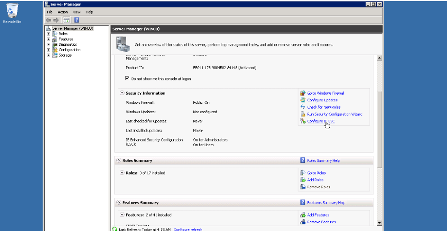 Click on 'Configure IE ESC' to manage Internet Explorer Enhanced Security Configuration settings