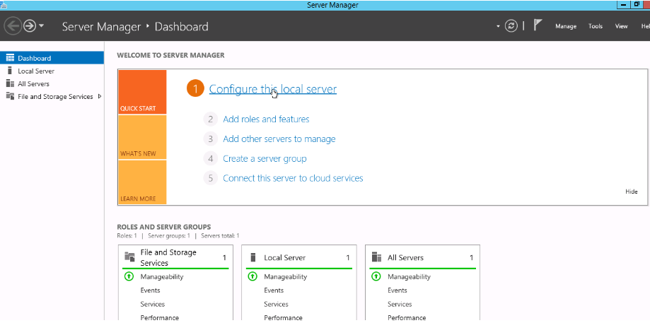 In the Server Manager, click on 'Configure this local server' to disable IE Enhanced Security Configuration temporarily