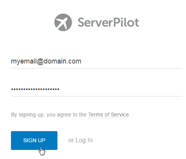 The ServerPilot account creation process, including entering email and password, on the ServerPilot website