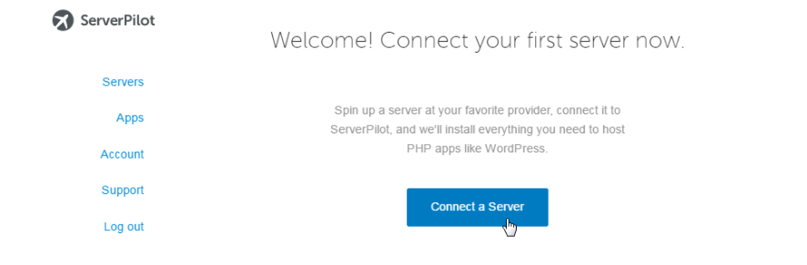 Initiating the connection of a server to ServerPilot by clicking the "Connect a Server" button