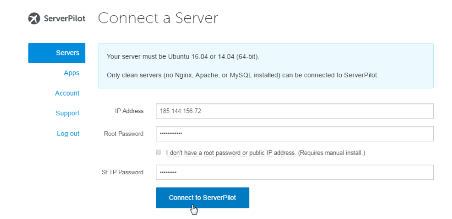 Clicking on "Connect to ServerPilot" to start the ServerPilot installation process on the VPS