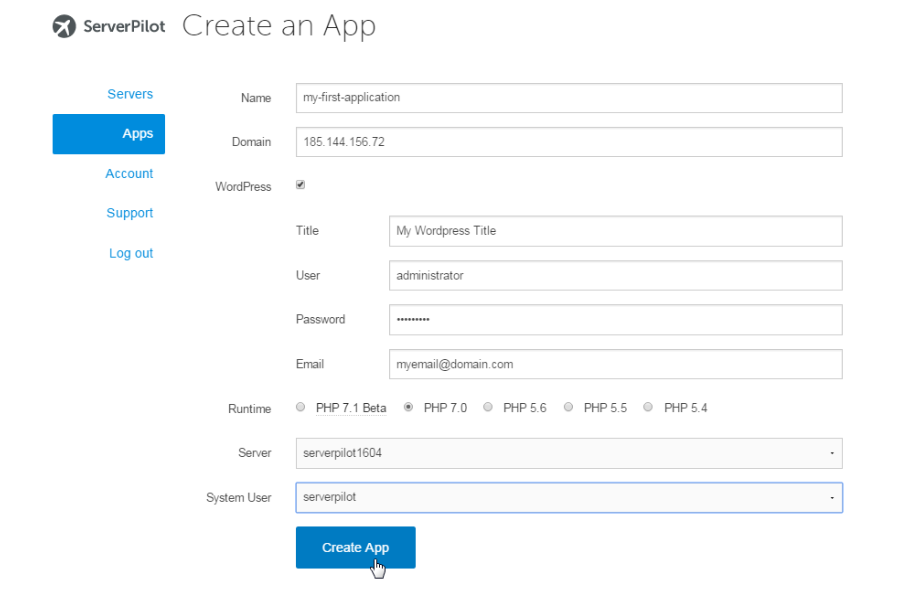 ServerPilot WordPress App Installation