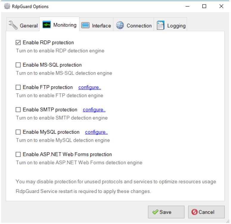 Monitoring tab with options to enable protection for alternative ports and customize configuration for various services such as MS-SQL, FTP, SMTP, MySQL, or ASP.NET.