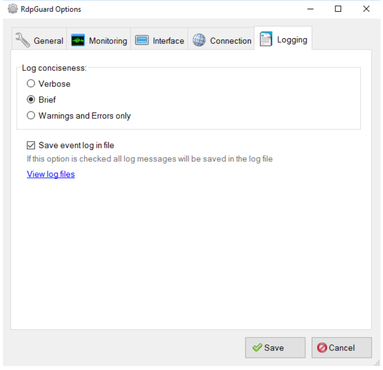 Logging tab showing logging settings with options to save or not save failed logs and specify log types