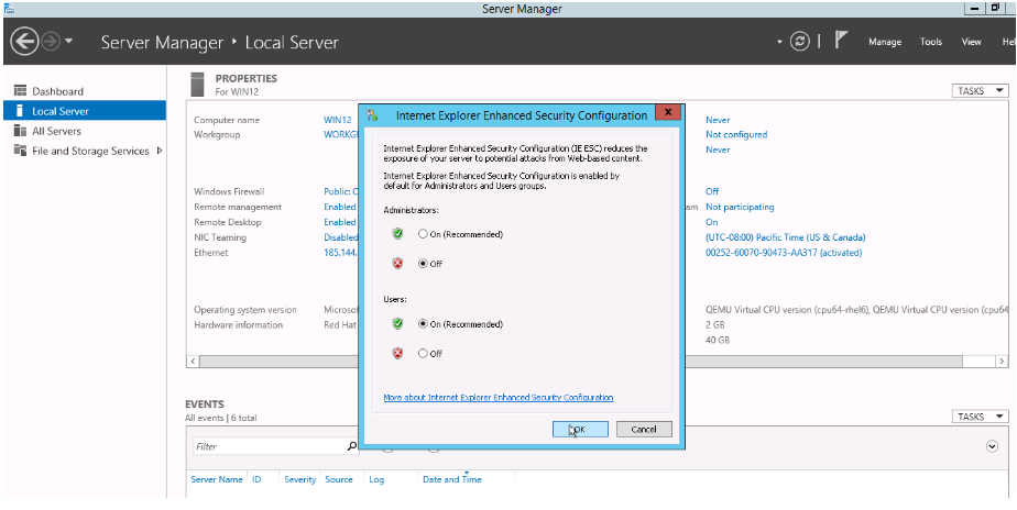 Steps to disable Enhanced Internet Explorer (IE) Security temporarily for Metatrader installation.