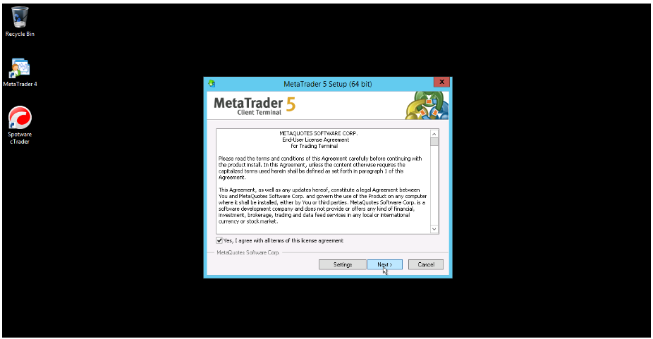 Agree to the license agreement during MetaTrader 5 installation