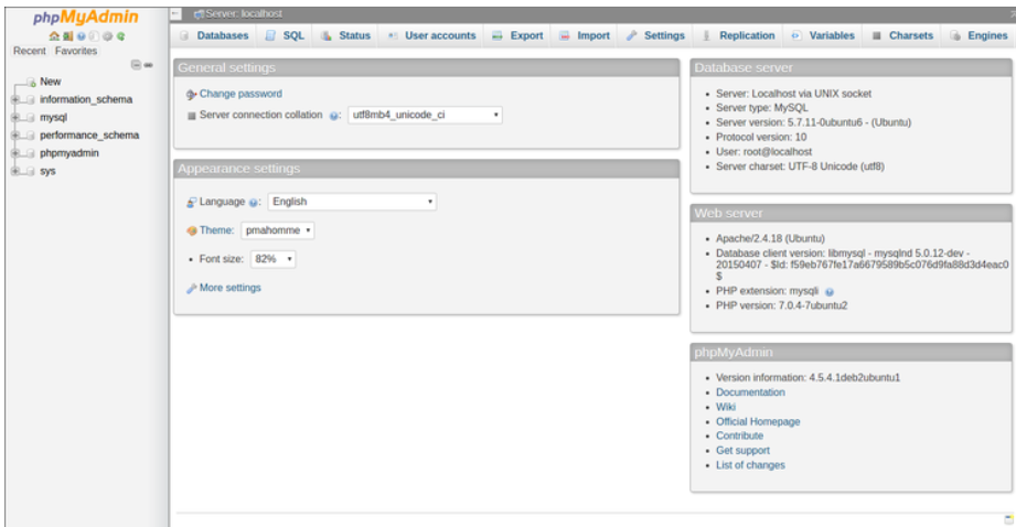 phpMyAdmin web interface after logging in