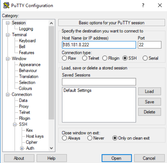 In PuTTY's 'Session' section, enter server's hostname or IP.