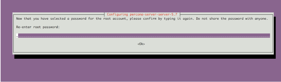 Re-enter the root password to configure Percona Server 5.7.