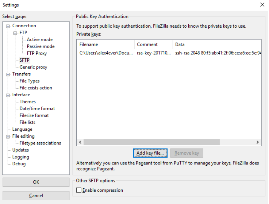 In FileZilla, select SFTP in the left menu, click 'Add key,' and choose the private key generated with PuTTY tools