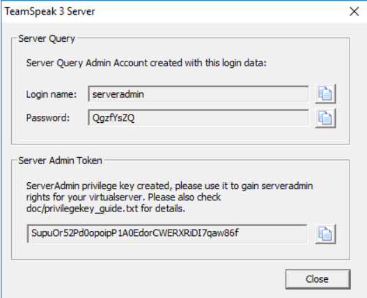 Note Server Query Admin Account and Token for configuring TeamSpeak Client