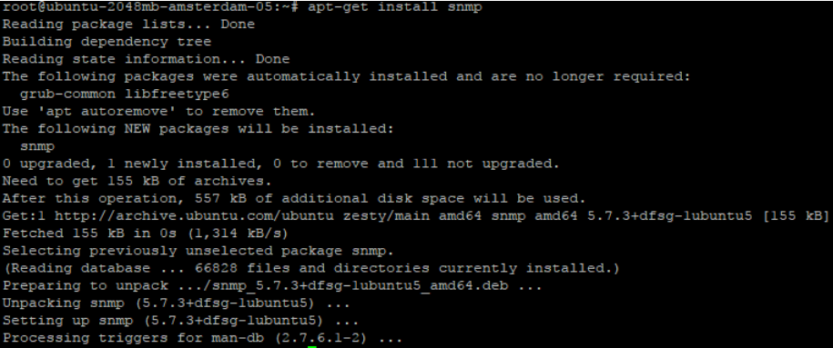 Command-line instructions for installing SNMP and SNMP MIBs downloader packages on a dedicated Ubuntu VPS server