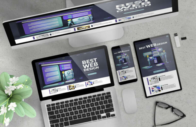 responsive design website on devices top view wooden desktop 3d rendering